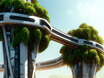 Two futuristic towers with a skybridge covered in lush foliage 3d graphic design motion graphics