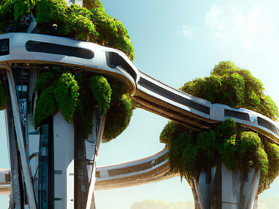 Two futuristic towers with a skybridge covered in lush foliage