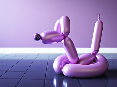 3D render of a pink balloon dog in a violet room