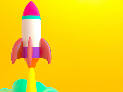 Space rocket ship in cartoon style with smoke and yellow backgro 3d graphic design motion graphics