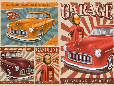 Vintage car posters car car wash gas pump gasoline grunge harry kasyanov poster repair retro metal sign vector illustrations vintage