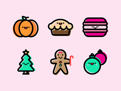 Holiday Spirit and Happy Faces christmas tree gingerbread man icon icon design iconography icons illustration macaron ornaments pie pumpkin vector