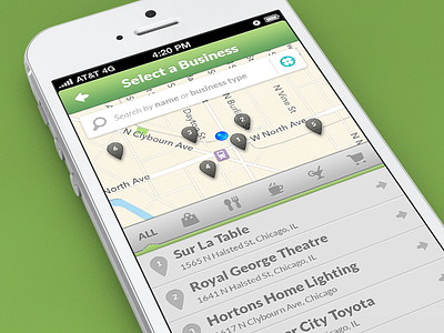 Business Select app categories green grey ios iphone list map pin