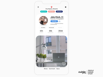 Social App Profile Study app design illustration instagram iphone iphonex mobile photography prototype social social app typography ui ux