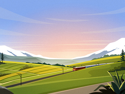 Mountain Train animation design field illustration morning mountain vector