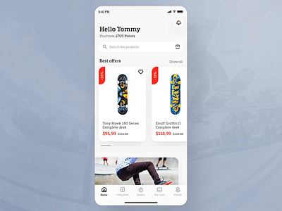 Skate shop app - eCommerce concept app concept design desk ecommerce grey ios jump loyalty modern product shop skate skateboard skater skateshop typography ui ux white space