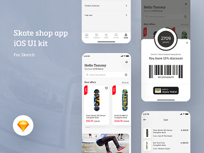 Skate shop app - eCommerce concept - iOS UI Kit Freebie app concept design desk ecommerce grey ios jump loyalty modern product shop skate skateboard skater skateshop typography ui ux white space
