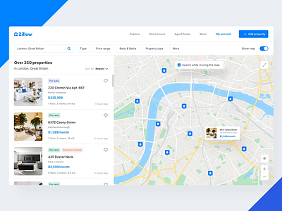 Zillow Real Estate Redesign - Offers&Map animation design illustration list map minimalist modern website offers product real estate real estate agency redesign redesign concept redesigned ui ui design user interface ux video web design