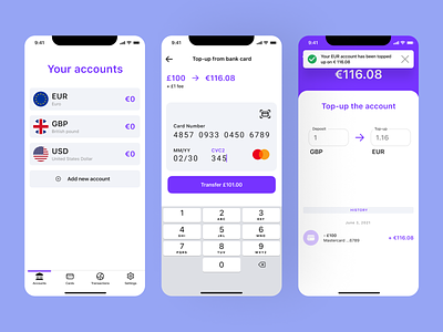 Top-up multi-currency bank account flow. bank mobile app mobile design top up account