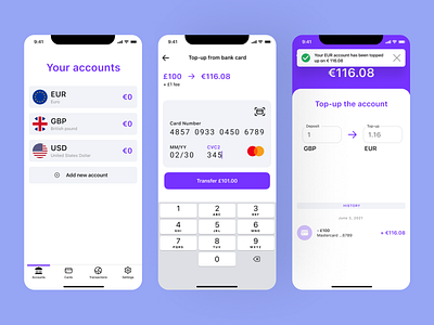 Top-up multi-currency bank account flow.