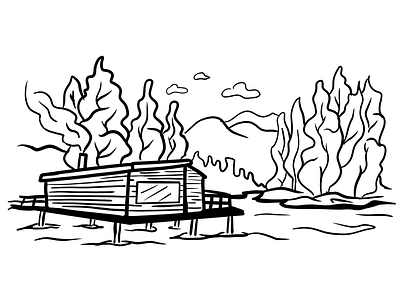 Lake house chill clouds energy forest house illustration lake line art meditate meditation relax tree trees water wind