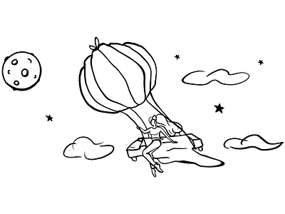 Fly to the moon baloon chill clouds energy fly girl illustration line art meditate meditation moon relax wind
