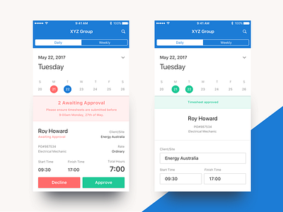 Timesheet App calendar dashboard field input ios mobile timesheet toggle