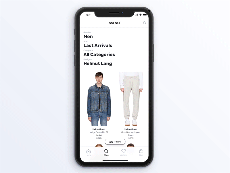 Filtering - Ssense iOS App animation dark ui ecommerce fashion filtering horizontal mobile overlay popup swipe