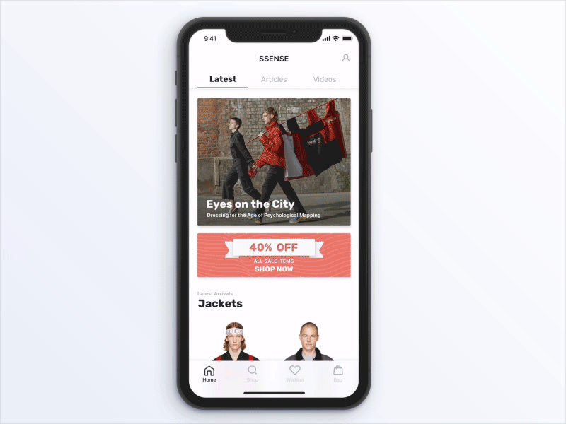 Browsing the Store - Ssense iOS App animation ecommerce fashion horizontal swipe minimal product swipe gesture ux