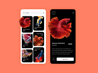 Pets E-commerce Application android animation app black card creoeuvre dribbble fish illustration ios minimal mobile pets red ui ux white
