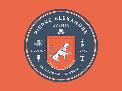 Pierre Alexandre Events Badge badge blue cat cheetah circle event planner flowers modern navy blue orange persimmon texas