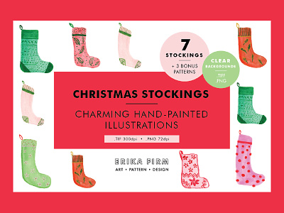 Christmas Stockings Watercolor Illustrations christmas cute erika firm festive holiday illustrations paintings stockings watercolor winter