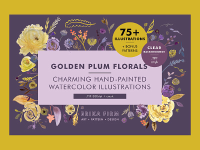 Golden Plum Floral Illustrations blooms botanical chartreuse creative market erika firm floral flowers plum pretty purple romantic
