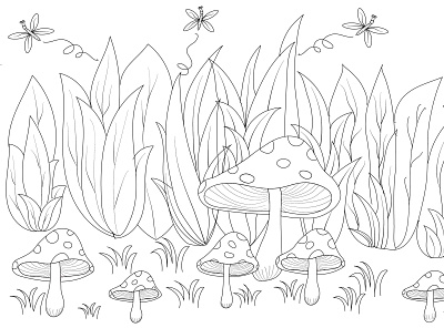 Mushroom garden (kids coloring page) children coloring book pages coloring books concept drawings kindergarten coloring books line arts line drawings line illustrations