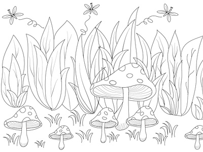 Mushroom garden (kids coloring page) children coloring book pages coloring books concept drawings kindergarten coloring books line arts line drawings line illustrations