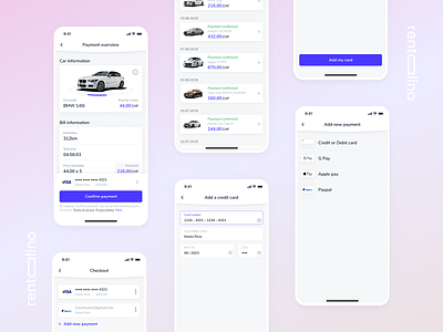 Rentalino - Payment & History apple pay automotive bank app banking app car card checkout credit debit card history mastercard payment paypal process rent rental app rentalino renting sharing visa