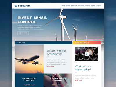 Echelon Corporation Home Page Design blue boxes grid home iiot industrial internet of things jet networking smart meters turbine website