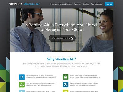 VMware vRealize Air Website cloud colorful dark geometric grey hero home page triangles virtualization website