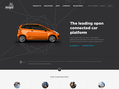 Connected Car Home Page Design api automotive car clean dark driving hardware mechanic network platform website wireless