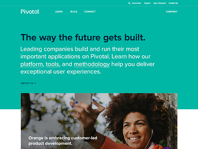 Pivotal.io Updated Home Page applications company developers home mint orange pivotal platform teal video thumbnails videos website
