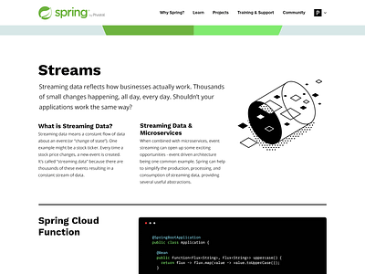 Spring Topic: Streams black and white code console data function illustration isometric java microservices open source spring streams topic website