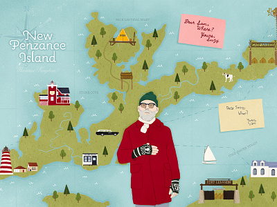 Illustrated map of fictional New Penzance Island colorful detailed illustration illustration art illustrator map map illustration moonrise kingdom movie movie art movie poster navigation tourism wes anderson