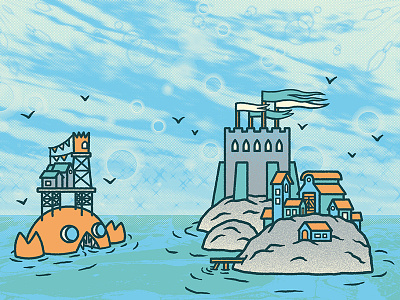 ⛳️🏝🦀🏝⛳️ Crab's Island ⛳️🏝🦀🏝⛳️ building castle crab flag house illustration island isle medieval screentone sea