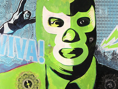 the Wrestler - 48"x48" chemo healing life lucha mixed media painting radiation viva wrestler