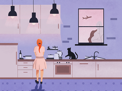 kitchen chores cat flat home illustration kitchen noise texturized vector