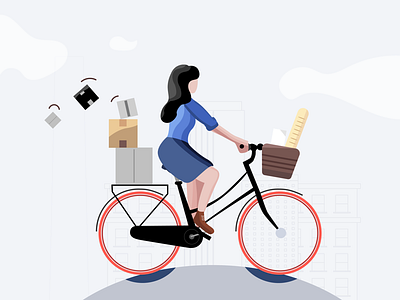 Biking outside artwork baguette bike boxes flat girl groceries illustration outline vector