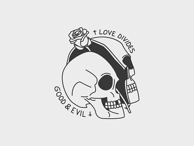 Two faces black work cross evil good illustration line work love love divides good and evil minimalistic rose skull tattoo