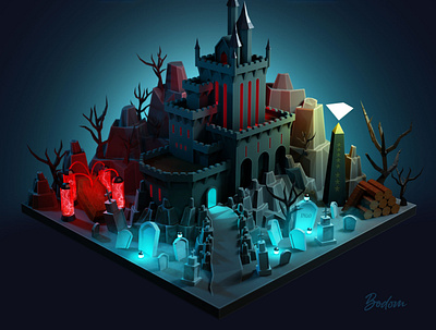 Homm3 Necropolis in low poly 3d adobe blender cementary desolace fantasy game gaming graphic heroes low poly magic might necromancer necrpolis photoshop rpg skeleton tribute