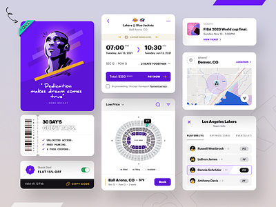 Basketball event booking app arena basketball branding cards components dashboard design event booking graphic design kobe bryant landing page lebron james map offer players ticket typography ux vector