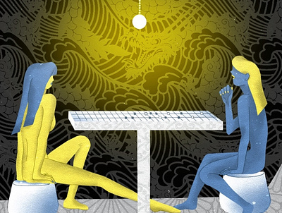 Play chess with my self art artwork blue blue and yellow chinesestyle comic digital painting editorial illustration illustration limited palette play chess play go procreate illustration zine