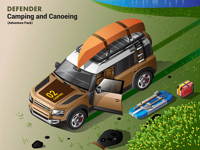 2020 Defender Isometric Illustration - Camping and Canoeing 2020 defender adobe illustration defender illustration isometric art isometric automobiles isometric illustration land rover vector vector illustration