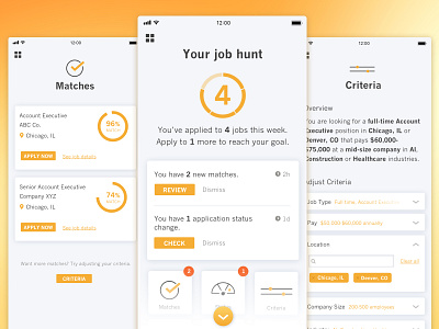 Job Hunt App Screens app interface cards filter ios job app job hunt matches mobile app mobile app design mobile ui orange results screens uidesign user inteface