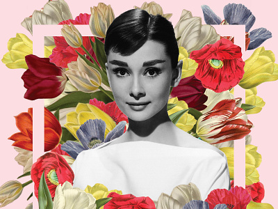 Audrey Hepburn audrey hepburn design floral flower photo composition photo montage photoshop pink poster print purple red woman yellow
