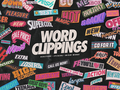 Word Clippings PNGs canva collage cut out emojis grunge headline instagram isolated lettering magazine newspaper png reaction retro scrapbook stickers textures typography word clippings zine