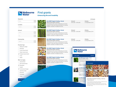 Melbourne Water - Find Grants Microsite blue melbourne water mobile mockup responsive waves web website design white