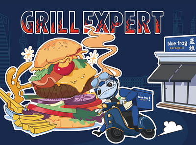 blue frog packaging bluefrog burger illustration package design takeaway