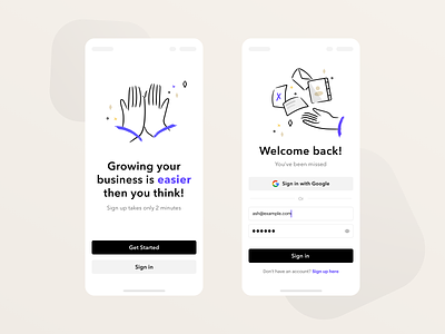 Sign in mobile screens app black blue branding design empty states forms google growth illustration marketing marketing automation mobile ui sign in sign in form signup ui ui design webapps welcome page