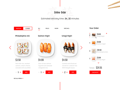 Online order menu for sushi