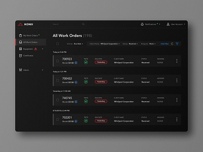 Work Orders Page in Dark Theme