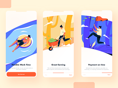Flexible Working App Onboarding app application design earning freelance great illustration mobile mockup money morning night noon onboarding payment people time ui ux working